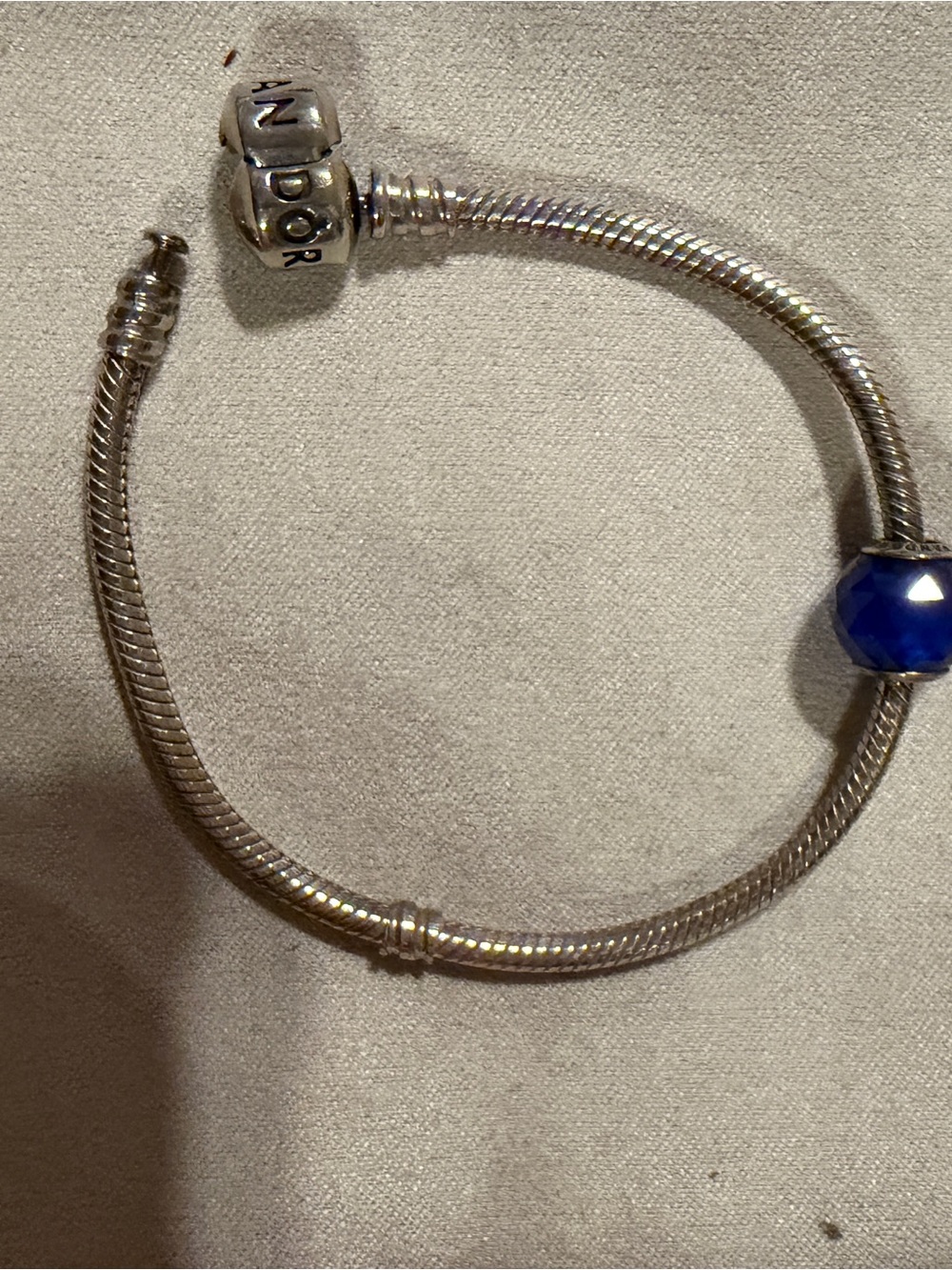 Pandora Silver Snake Chain Bracelet with Cobalt Blue Glass Charm